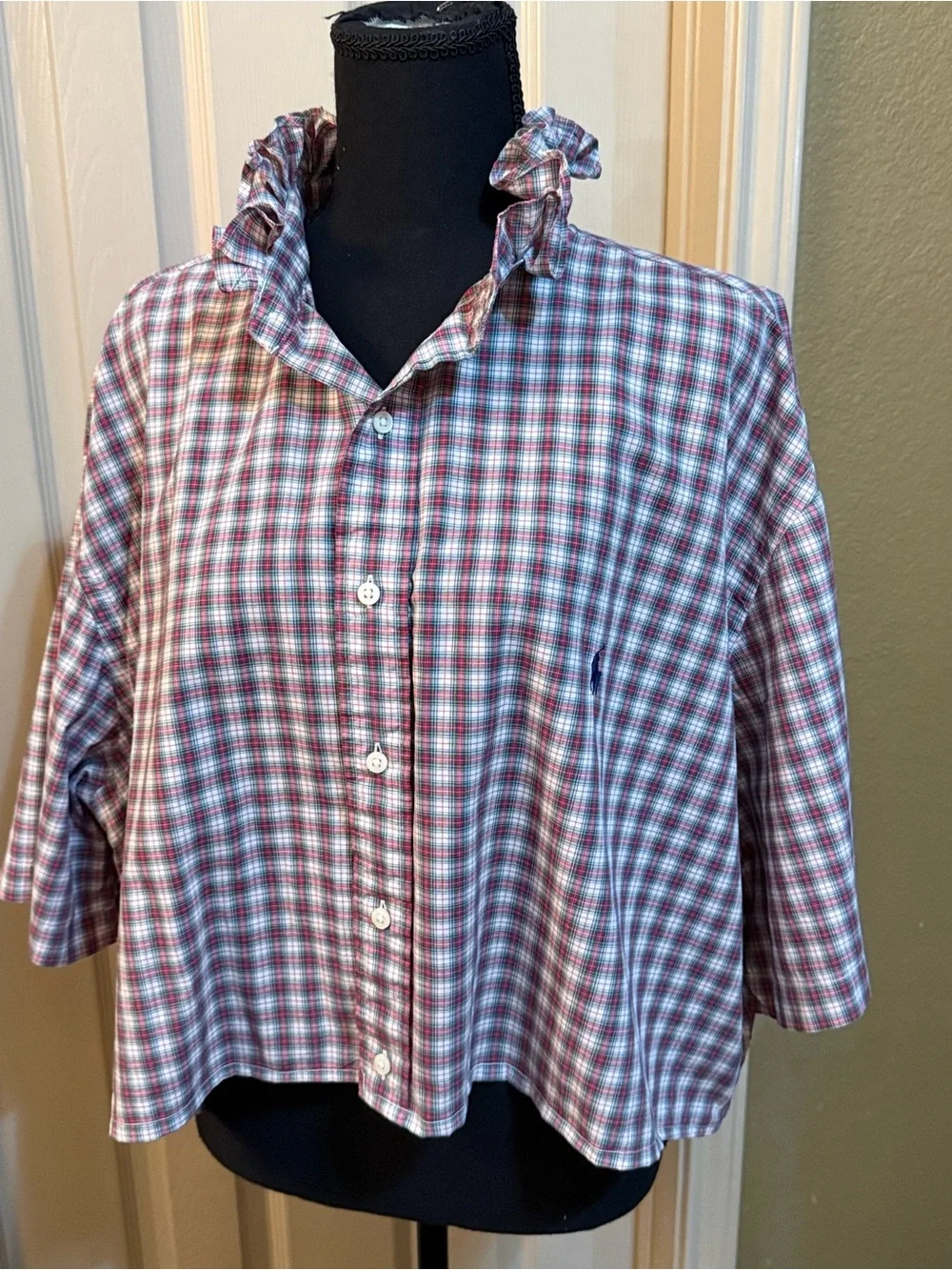 Polo by Ralph Lauren Pink & Blue Plaid Ruffle-Collar Button-Down - Picture 3 of 8